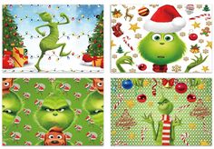 the grin's christmas card set is shown in four different colors and sizes, including green