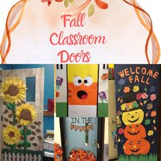 the fall classroom doors are decorated with pumpkins and sunflowers