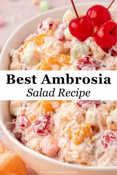 the best ambrosia salad recipe with cherries and oranges in a white bowl