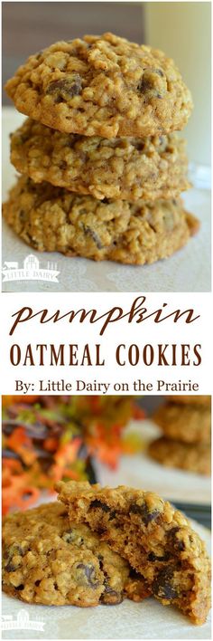 pumpkin oatmeal cookies stacked on top of each other with text overlay