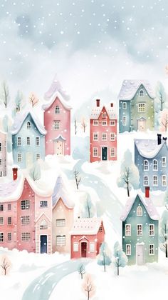 a painting of houses on a snowy hill with trees and snowflakes in the background