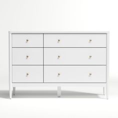 a white chest of drawers with gold handles and knobs on each drawer, against a plain background