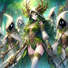 an image of a woman with green hair surrounded by other women in white outfits and trees