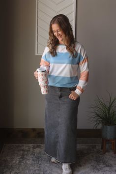 Brighten up your wardrobe with our Sky Blue Colorblock Striped Top! This lightweight top is perfect for coffee runs, errands, or just relaxing at home. The cheerful colorblock design will add a fun pop of color to any outfit. Versatile and stylish - a must-have for your everyday wardrobe. The Fit of This Boutique Casual Top: Pictured of a typical Small wearing the Small. See HOW TO MEASURE Here. Flat Across Measurements in Inches Size: Chest Across Waist Across Length Small 20 20.5 25 Medium 21 21.5 26 Large 22 22.5 27 X-Large 23.5 24 28 2XL Modest Denim Skirts, Home Work