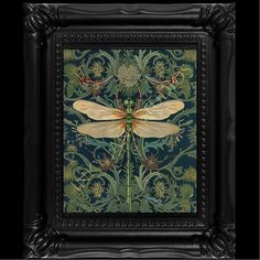 William Morris inspired Art Nouveau dragonfly canvas print with several framing options or available as print only.  This piece is a high quality canvas giclée, displayed in an ornate resin frame with glass cover, easel and hook for display on a tabletop or wall.  See photo for images of frame choices, or order just the print.  "Mini" measures 4"x3.5" on outer edge of frame. Watermark will not appear on your print.  I have several art nouveau prints available in my shop. Check out the rest of my Art Nouveau Farmhouse, William Morris Art Prints, Moody Maximalist, Antique Crocks, Art Deco Tiles, Dragonfly Wall Art, Stained Glass Studio, Dragonfly Gifts, Art Nouveau Decor