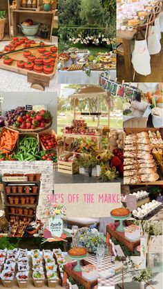 a collage of pictures with different foods and desserts on display at an outdoor market