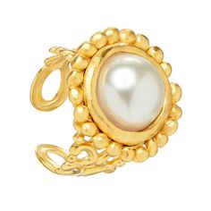 Susan Shaw Dotted Pearl Ring Gold Pearl Open Ring, Gold Open Pearl Ring, Metal Open Ring Pearl Ring For Wedding, Metal Open Pearl Ring For Wedding, Elegant Metal Pearl Open Ring, Gold Cabochon Pearl Ring For Wedding, Open Ring Metal Pearl Ring For Wedding, Gold Pearl Cabochon Ring For Wedding, Gold Open Ring With Pearl Charm Jewelry