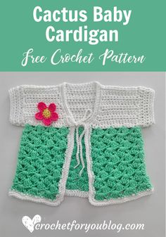 a crocheted baby cardigan with a flower on it and the words free croche