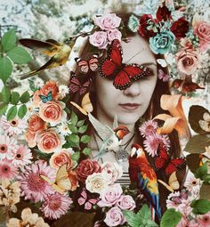 a woman surrounded by flowers and butterflies