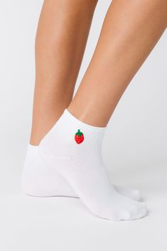 Great quarter sock with a "sweet" embroidered strawberry Cuff measurement - 1.5" Embroidery measurement - 1" Embroidered Strawberry, Quarter Socks, Socks, Cuff, Embroidery, Red, White