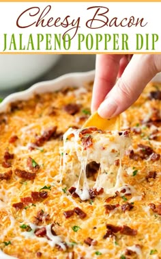 a cheesy bacon jalapeno pop dip in a white casserole dish