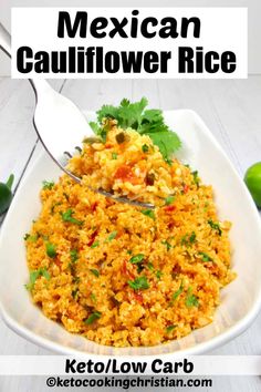 mexican cauliflower rice in a white bowl with cilantro on the side