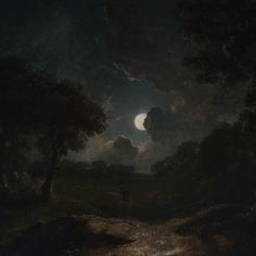 an image of a painting that looks like it is in the night sky with clouds and trees