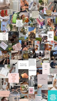 a collage of photos with different people and things in them, including books, papers, pictures, and more