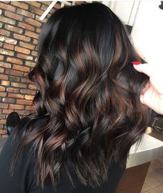 Copper Babylights On Black Hair, Lower Highlights Hair Dark Brown, Black And Brown Balayage Short Hair, Fall Dark Brown Hair, Dark Caramel Balayage On Black Hair, Two Tone Brown Hair, Black Hair Ombre Balayage, Black Hair With Copper Highlights, Bayalage On Black Hair