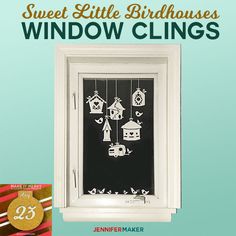 a window with the words sweet little birdhouse window clings on it and an image of a house