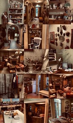 many pictures of different rooms and furniture in an old house