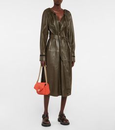 Leather belted midi dress in brown - Proenza Schouler | Mytheresa Belted Midi Dress, Drawstring Top, Leather Outfit, Blazer Dress, Proenza Schouler, Leather Belt, Dress Making, Designing Women, Jumpsuit Dress