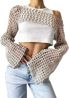 KEOMUD Women Mesh Crochet Crop Top Long Sleeve Hollow Out Cropped Knit Sweater Bikini Beach See Through Cover Ups Knitting Shrug, Fishnet Sleeves, Hollow Sweater, Crochet Cowl Free Pattern, Cropped Knit Sweater, Long Sleeve Knitted Cardigan, Mesh Blouse, Cropped Pullover, Trendy Crochet