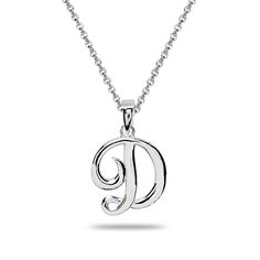 Wear this stylish pendant necklace to enhance your daytime and evening attire. This classic initial features a polished script alphabet letter, perfect as a dainty necklace for all. This letter pendant necklace dangles from an 18-inch rolo chain and secures with a spring ring clasp. They are crafted of fine sterling. This trendy necklace in fine jewelry is a great addition to your sterling silver jewelry and personalized jewelry collections. Product Details Metal Type sterling-silver Metal Stamp D Letter, Script Alphabet, Letter Pendant Necklace, Pendent Necklace, Trendy Necklaces, Silver Plated Necklace, Letter Pendants, Rolo Chain, Letter Necklace