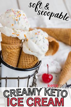 two scoops of ice cream with sprinkles on top and the words, soft & scopable creamy keto ice cream