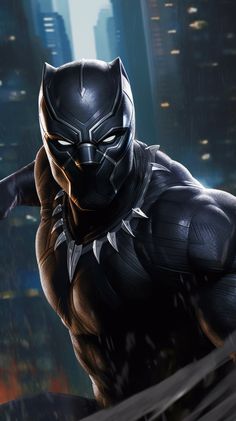 the black panther is standing in front of a cityscape with buildings and skyscrapers