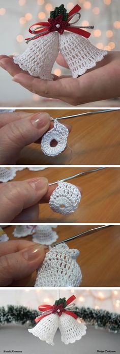 crochet christmas decorations are being made with yarn and twine, as well as ribbon