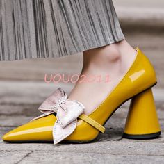 Womens Block High Heel Pointy Toe Pumps Patent Leather Bowknot OL Slip On Shoes | eBay Elegant Black Heels, Daily Heels, Moroccan Shoes, Date Shoes, Heel Sandals Outfit, Ankle Strap Chunky Heels, Basic Heels, High Heels Boots, Prom Heels