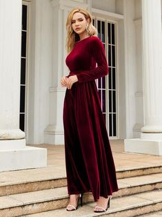 Velvet Sleepwear, Gold Velvet Dress, 파티 드레스, Ankle Dress, Holiday Party Dresses, Gold Velvet, Solid Color Dress, Weave Style, Long Sleeve Maxi