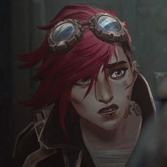 a woman with red hair and goggles on her head looking at something in the distance