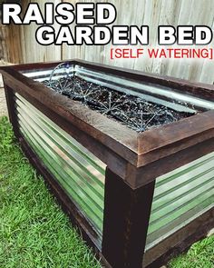 raised garden bed with self watering in the middle and text overlay reading raised garden bed self watering