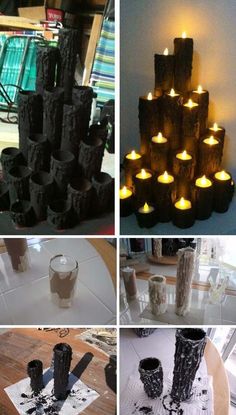 several different types of candles are shown in four pictures, one is made out of wood and the other is made from logs