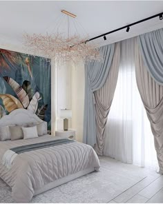 a large bed sitting under a chandelier in a bedroom next to a window