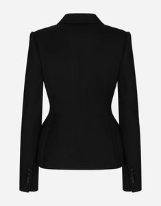 Double-breasted Dolce tuxedo jacket in double stretch wool: Black Peak lapels Long sleeves Flap pockets Padded hips Stretch silk satin lining Satin-covered button fastenings The piece measures 57 cm from the center back on a size IT 40 The model is 175 cm tall and wears a size IT 40 Made in Italy Black Blazer With Concealed Front Fastening For Evening, Fitted Blazer With Concealed Front Fastening For Office, Black Structured Boning Suit For Fall, Black Fall Suit With Structured Boning, Fitted Black Outerwear With Concealed Front Fastening, Fitted Long Sleeve Blazer With Concealed Fastening, Fitted Double-breasted Fall Tuxedo, Black Fitted Outerwear With Structured Boning, Fitted Black Outerwear With Structured Boning