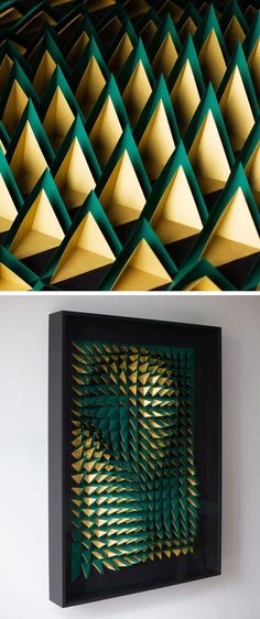 two pictures side by side, one is green and the other has gold triangles on it