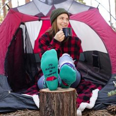 Embrace the great outdoors with these funny camping socks to keep your feet warm and spirits high! The design features a beautiful camping scene complete with bonfire, mountains, lake, canoe, starry night sky and bear prints, while the bottom of the socks showcases a funny saying: “I’d Rather Be Camping.” Any outdoorsy person is sure to love these socks! Perfect for those who enjoy hiking, camping, back-packing and exploring. Comfortable Green Socks For Outdoor, Green Socks For Outdoor Winter Activities, Comfortable Winter Socks For Outdoor Activities, Comfortable Socks For Outdoor Winter Activities, Camping Socks, Beautiful Camping, Camp Socks, Camping Scene, Funny Camping