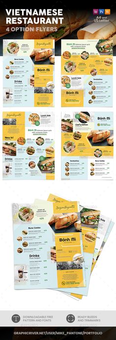 an image of a restaurant menu with food items on the front and back side, including sandwiches