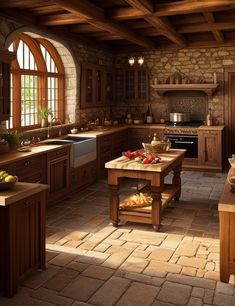 a rustic kitchen with stone walls and wooden cabinets, an island table in the middle