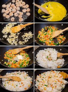 the steps to make shrimp and rice in a skillet