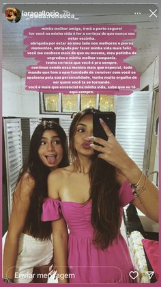 two young women taking a selfie in front of a mirror with the caption,