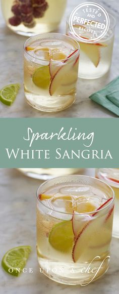 sparkling white sangria in glasses with limes on the rim and garnished with an apple slice