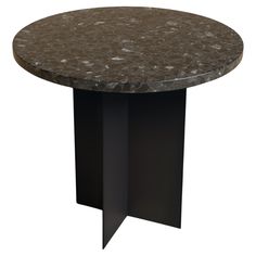 a round table with black metal legs and a marble top on an isolated white background