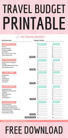 the travel budget printable is shown in pink and green with text that reads,'free