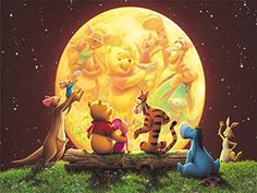 winnie the pooh and friends are standing in front of a full moon