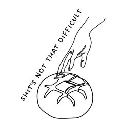 a black and white drawing of a hand reaching for something on top of a tomato