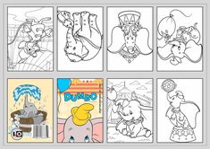 four coloring pages with cartoon characters in the middle and one has an elephant on it