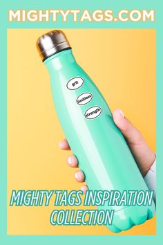 a person holding a green water bottle with the words mighty tags inspirator collection on it