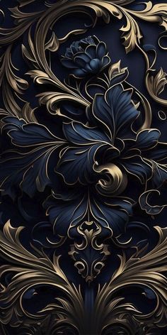 an intricately designed background with gold and blue flowers on black velvet fabric, suitable for use as wallpaper or backdrop