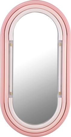 a pink and white mirror sitting on top of a wall