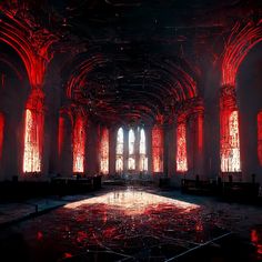 an empty room with red light coming through the windows and flooring on the walls